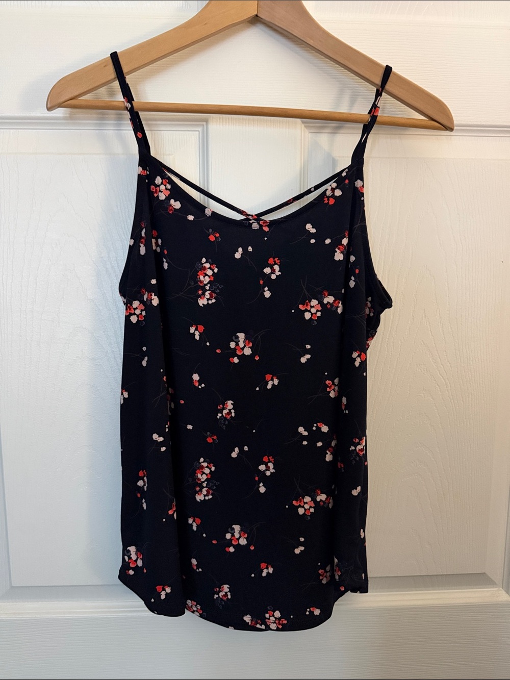 Kaileigh Black Floral Spaghetti-Strap Cami with Red & White Blossoms
